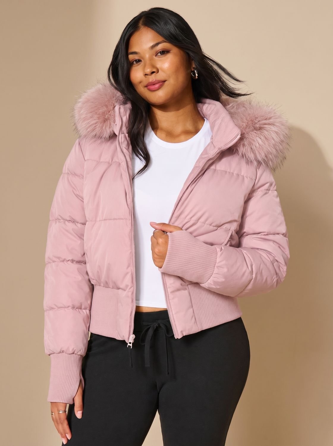 Amelia | Women's Fitted Faux Fur Hood Cropped Puffer Jacket