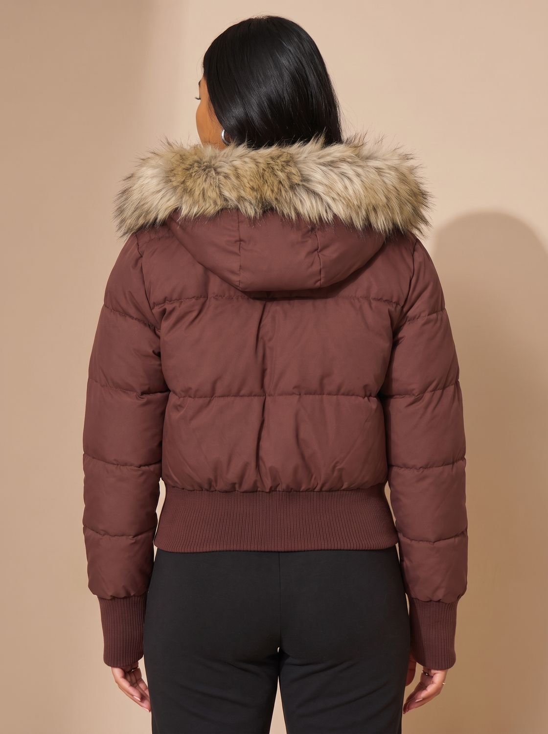 Amelia | Women's Fitted Faux Fur Hood Cropped Puffer Jacket