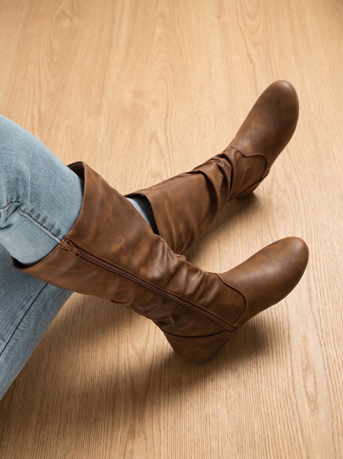 Aria | Women's Flat Knee High Boots Gathered-Shaft Side-Zip Round-Toe