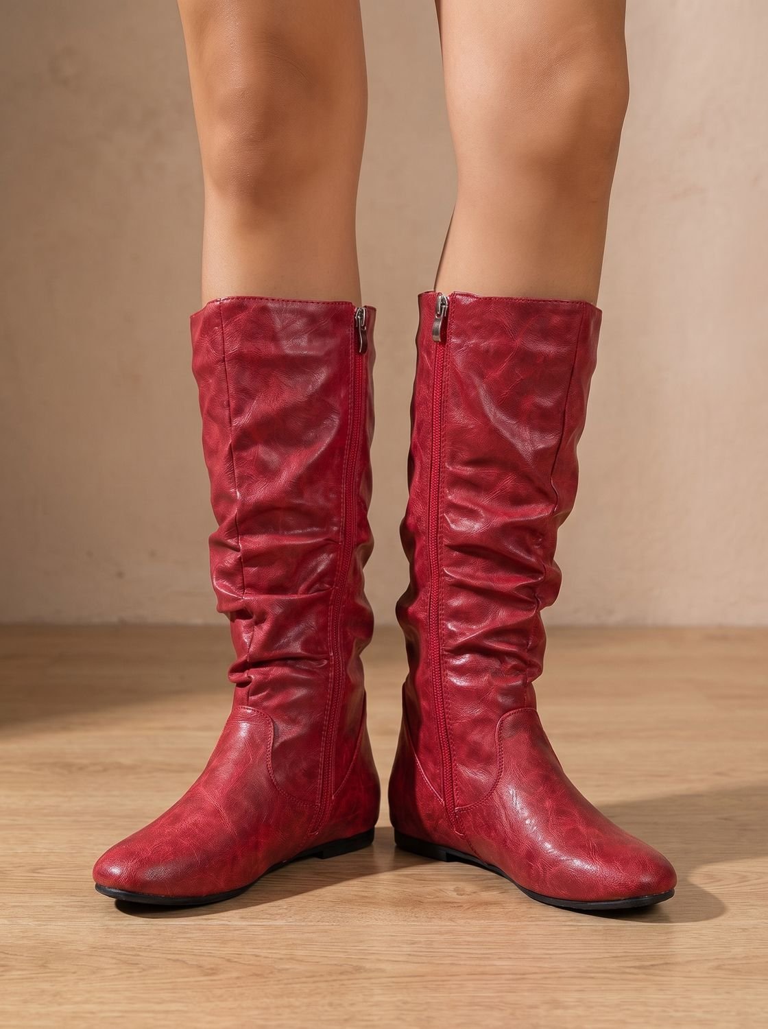 Aria | Women's Flat Knee High Boots Gathered-Shaft Side-Zip Round-Toe