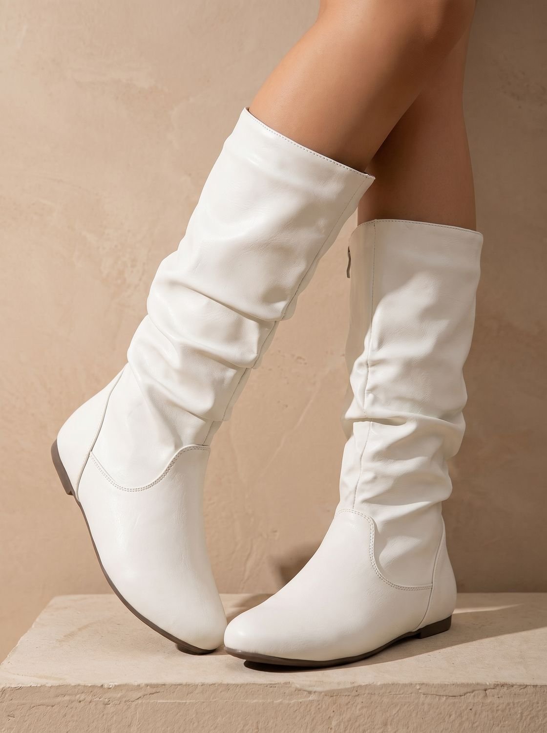 Aria | Women's Flat Knee High Boots Gathered-Shaft Side-Zip Round-Toe