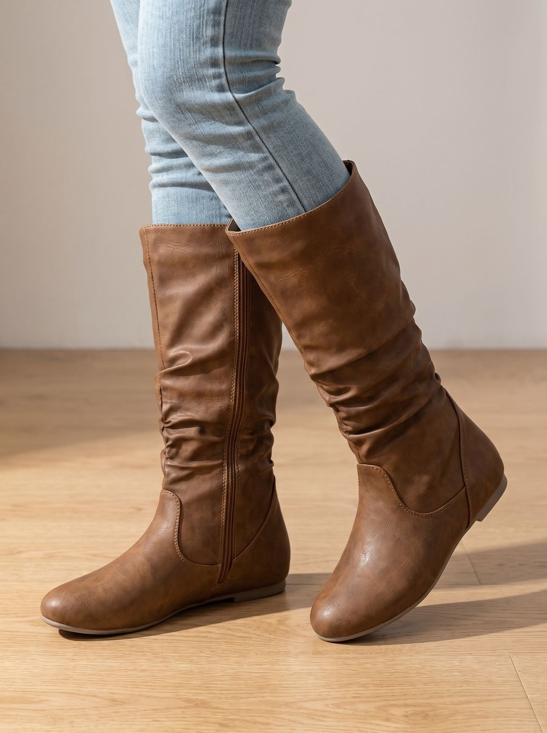 Aria | Women's Flat Knee High Boots Gathered-Shaft Side-Zip Round-Toe