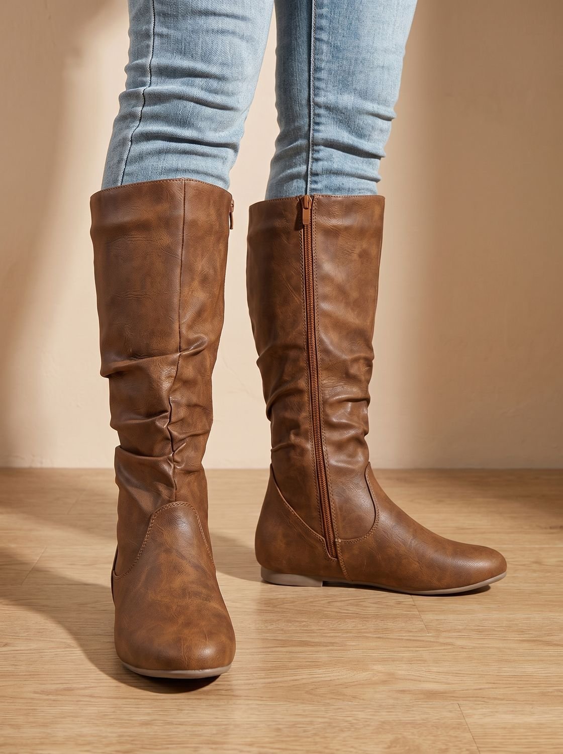 Aria | Women's Flat Knee High Boots Gathered-Shaft Side-Zip Round-Toe