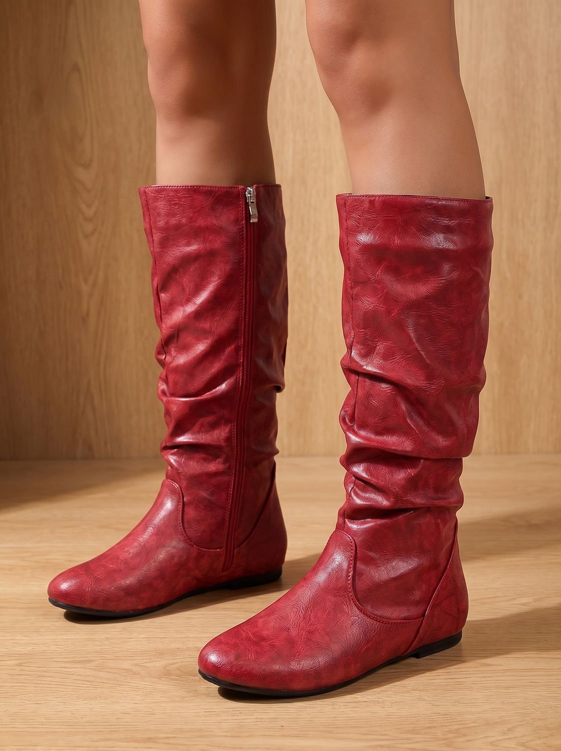 Aria | Women's Flat Knee High Boots Gathered-Shaft Side-Zip Round-Toe