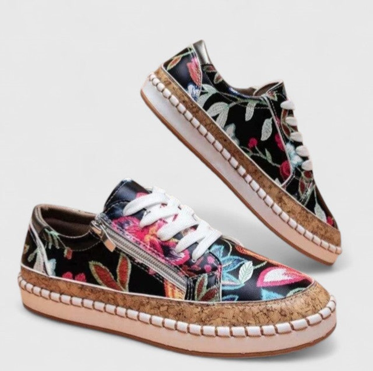 Women's Floral Cork-Sole Lace-Up Orthopedic Sneakers