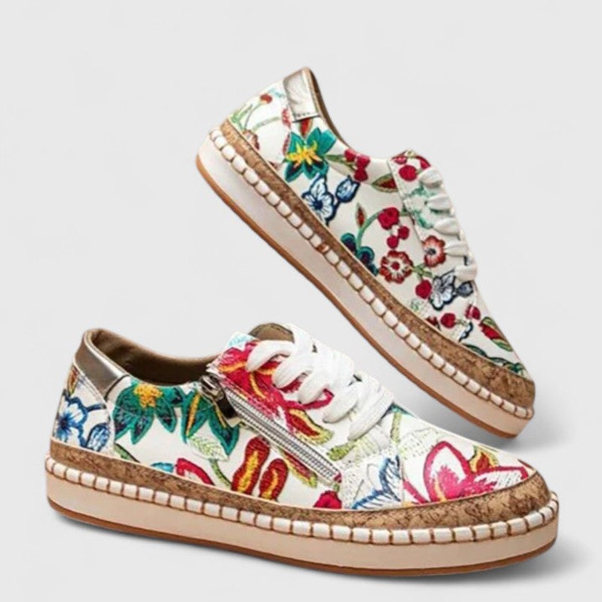 Women's Floral Cork-Sole Lace-Up Orthopedic Sneakers
