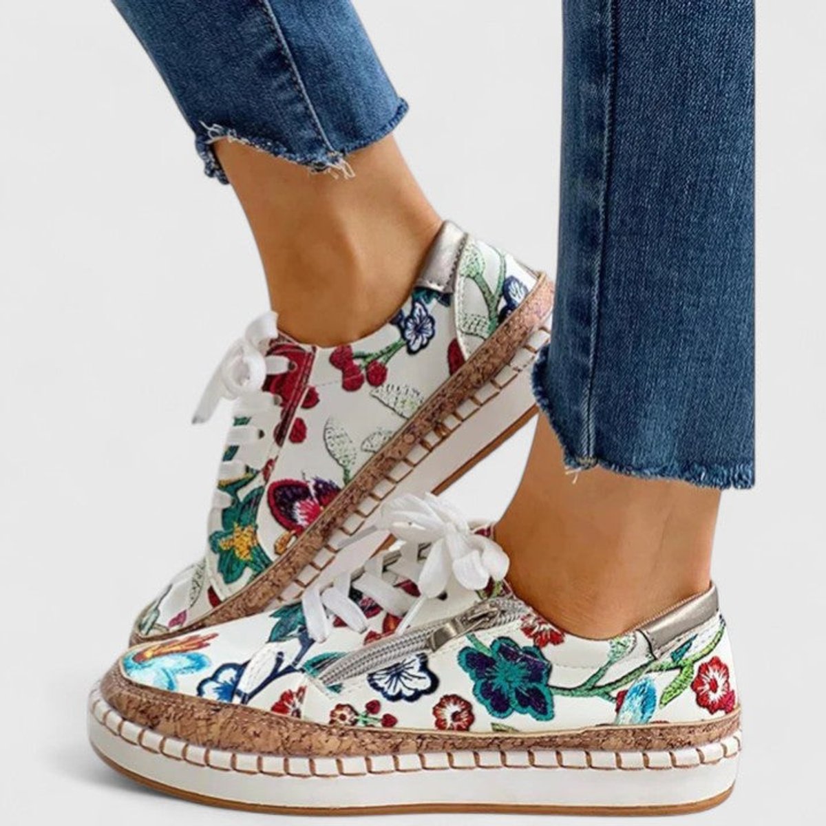 Women's Floral Cork-Sole Lace-Up Orthopedic Sneakers