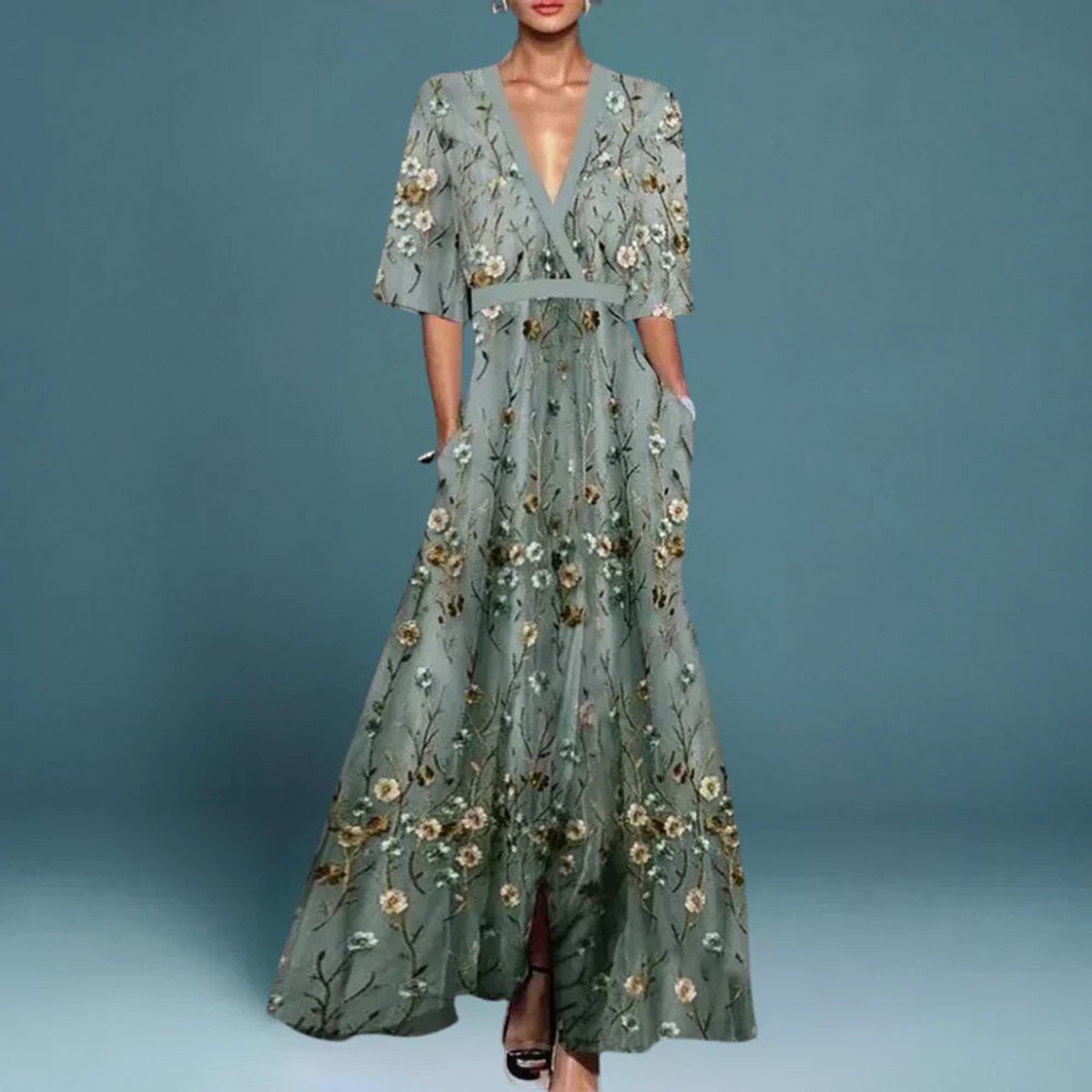Evelyn | Women's Floral Embroidered V-Neck Maxi Formal Dresses