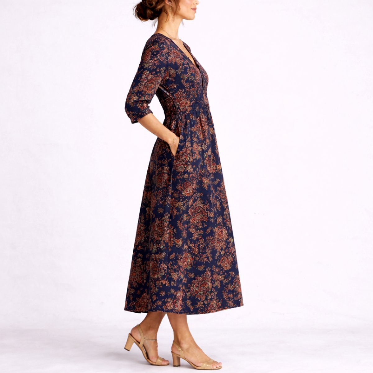 Women's Floral Linen V-Neck A-Line Fall Wedding Guest Dress