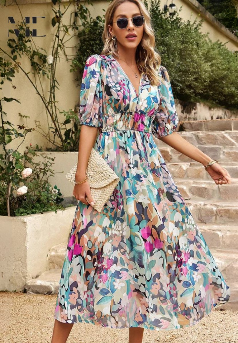 Women's Floral Puff-Sleeve V-Neck Midi Fall Wedding Guest Dress