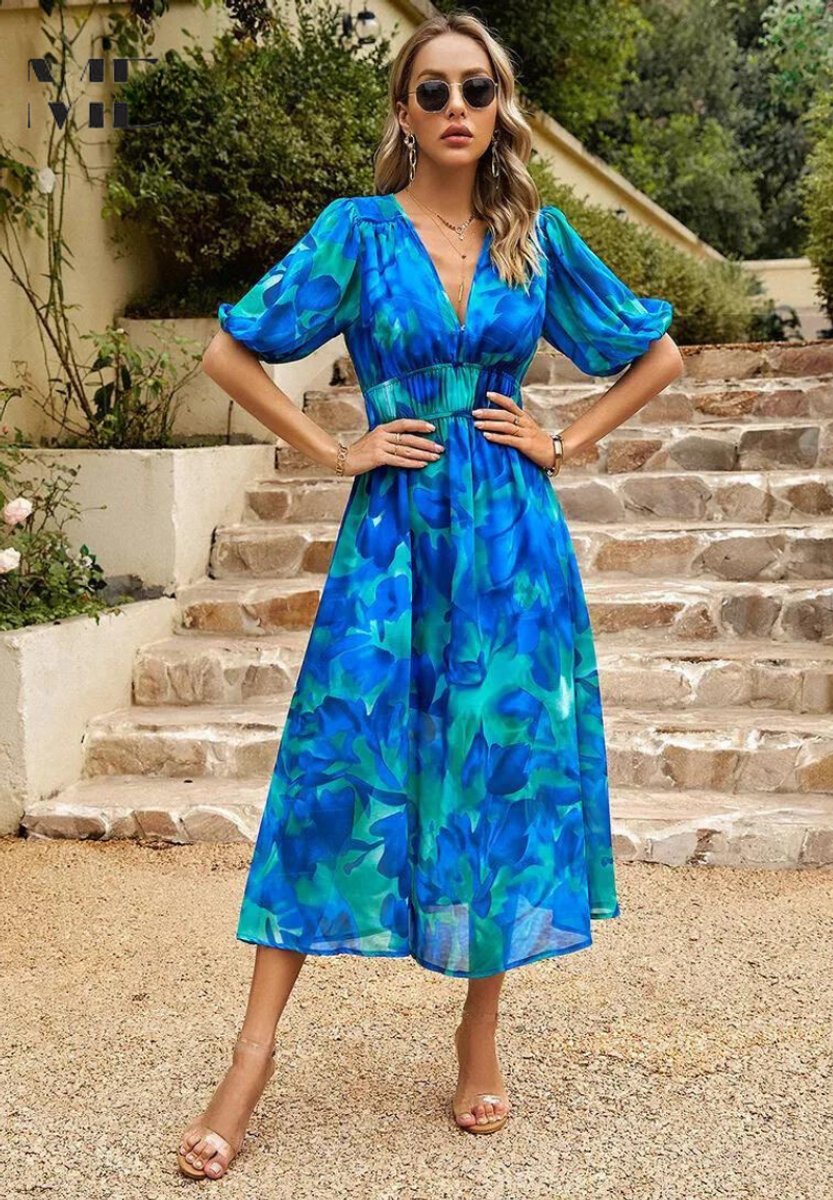 Women's Floral Puff-Sleeve V-Neck Midi Fall Wedding Guest Dress