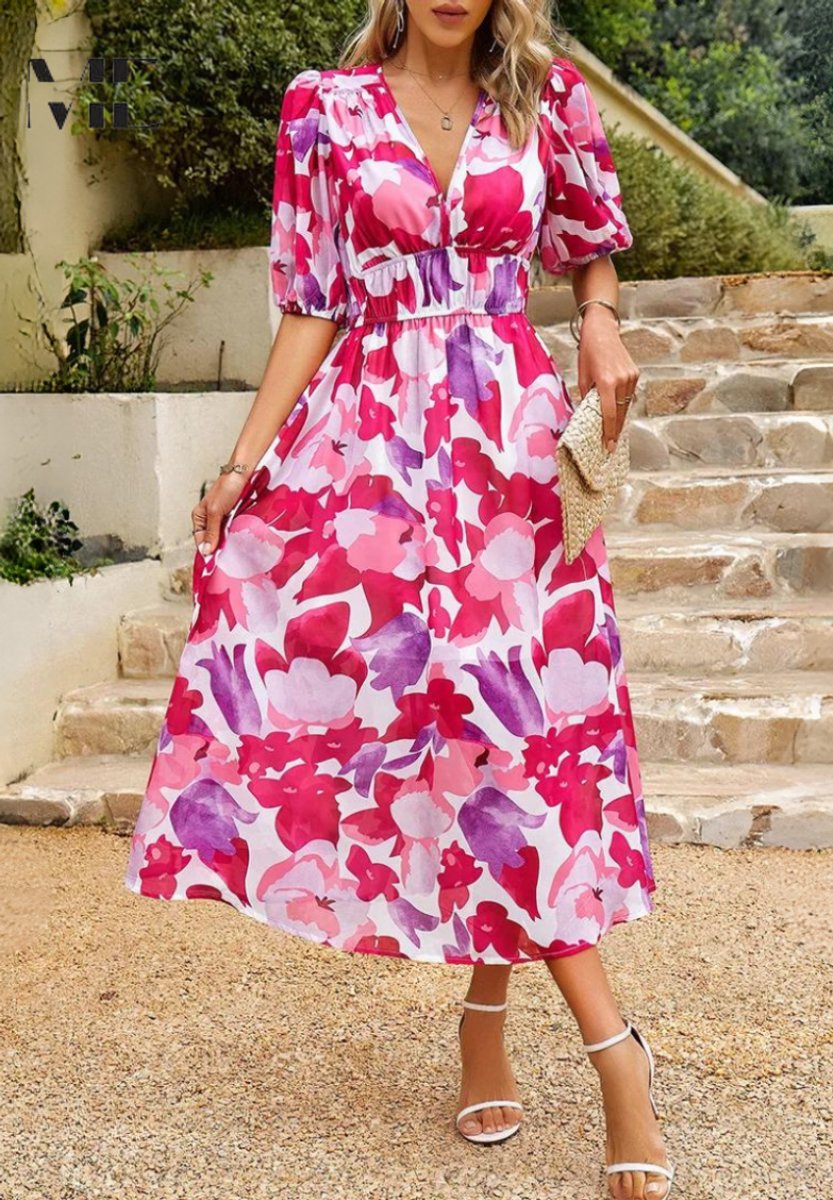 Women's Floral Puff-Sleeve V-Neck Midi Fall Wedding Guest Dress