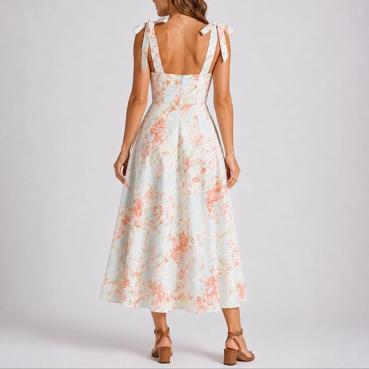 Women's Floral Ruched Sweetheart Tie-Shoulder Fall Wedding Guest Dress