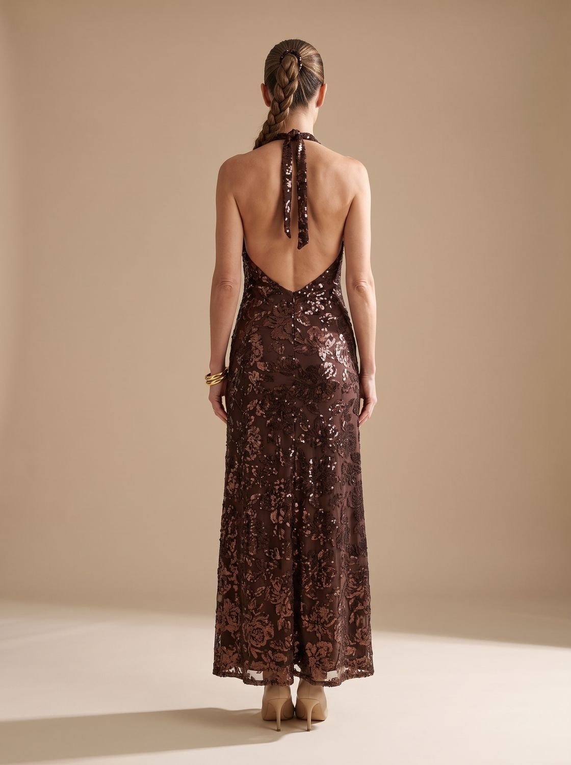 Luna | Women's Floral Sequin Maxi Dress Deep V Halter Neck