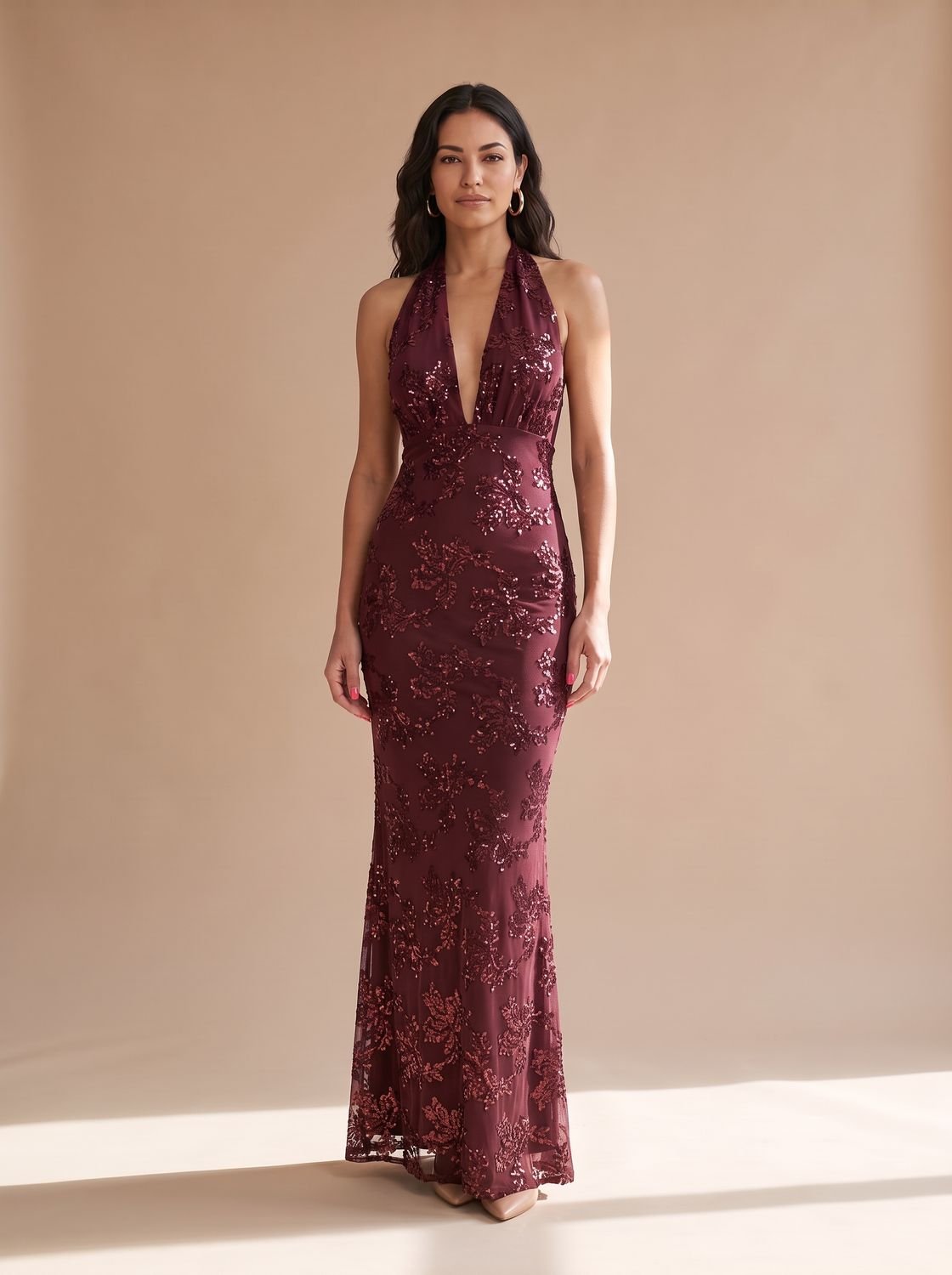 Luna | Women's Floral Sequin Maxi Dress Deep V Halter Neck