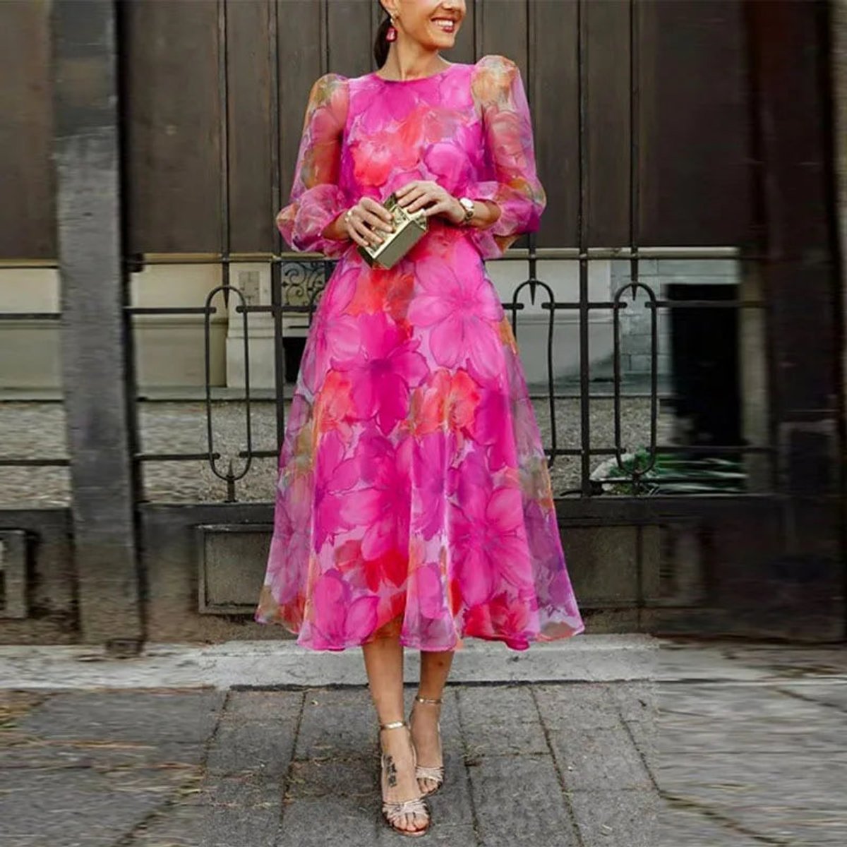 Women's Floral Sheer-Sleeve Midi Fall Wedding Guest Dress