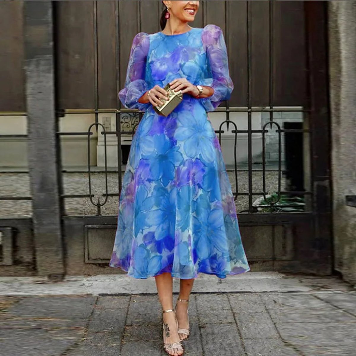 Women's Floral Sheer-Sleeve Midi Fall Wedding Guest Dress