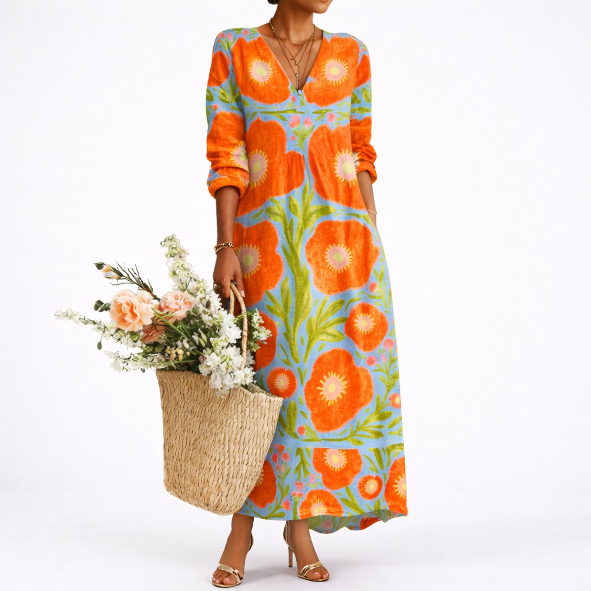Women's Floral V-Neck Long Sleeve Fall Wedding Guest Maxi Dress