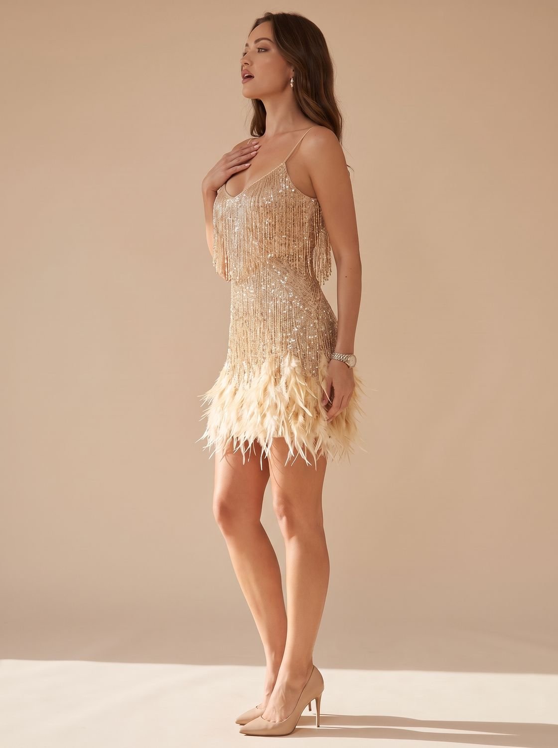 Aria | Women's Formal Sequin Mini Dress Feather Trim Spaghetti Strap