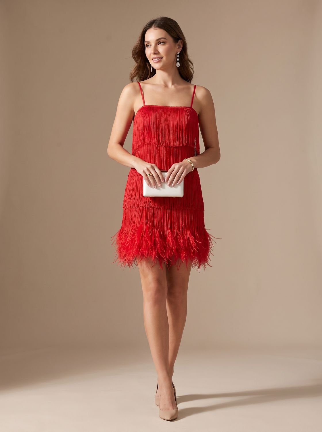 Aria | Women's Formal Sequin Mini Dress Feather Trim Spaghetti Strap