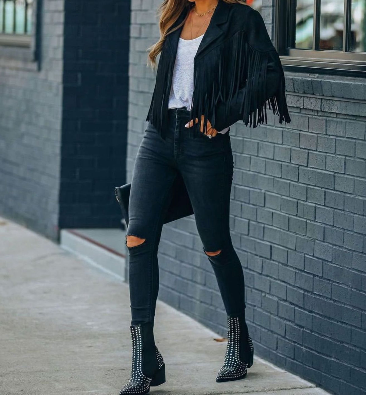Women's Fringed Suede Cropped Moto Jacket