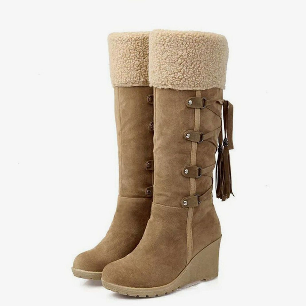 Women's Fur-Trimmed Wedge Heel Knee-High Winter Boots