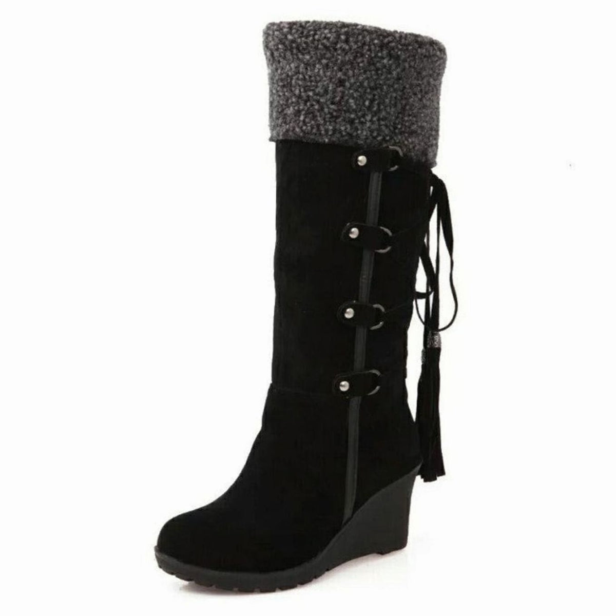 Women's Fur-Trimmed Wedge Heel Knee-High Winter Boots