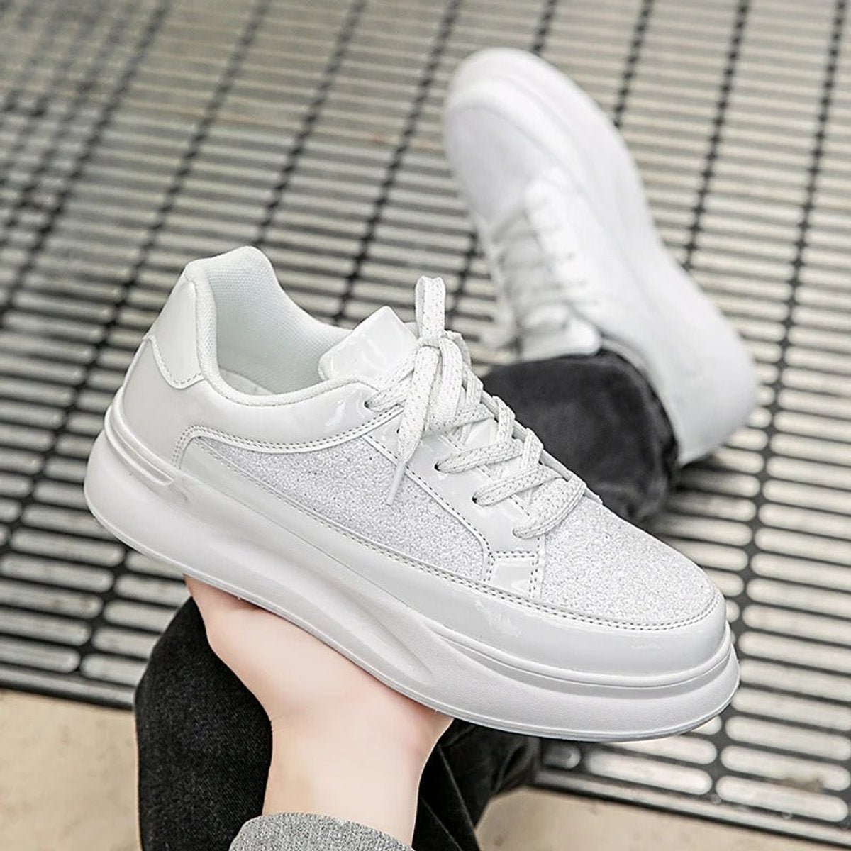 Women's Glitter Lace-Up Platform Sneakers Cushioned Sole