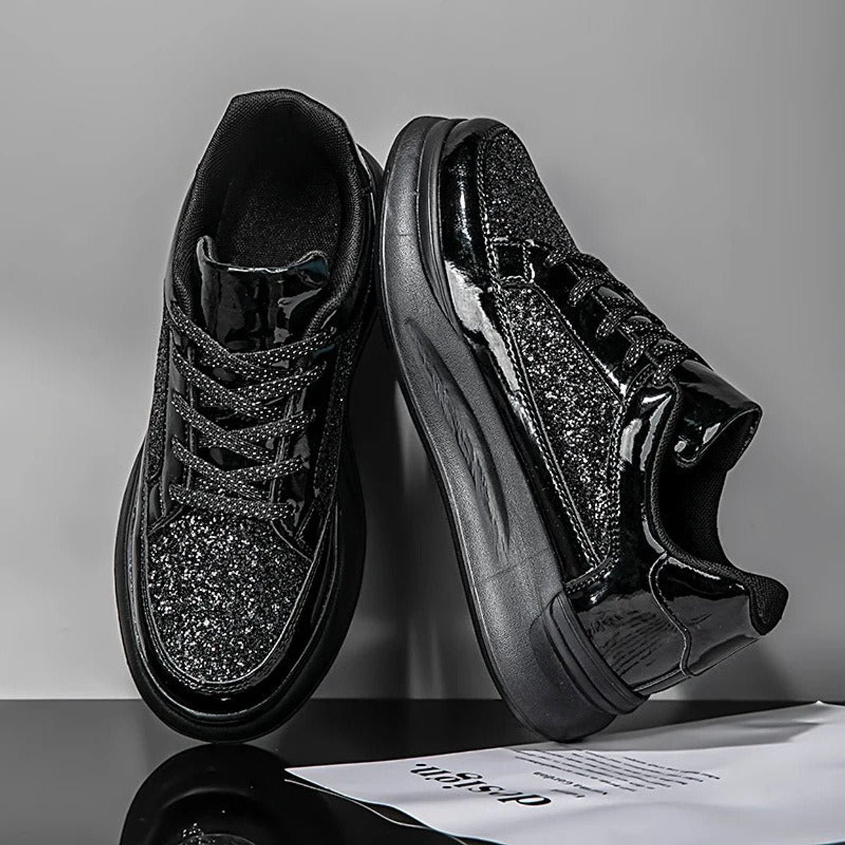 Women's Glitter Lace-Up Platform Sneakers Cushioned Sole