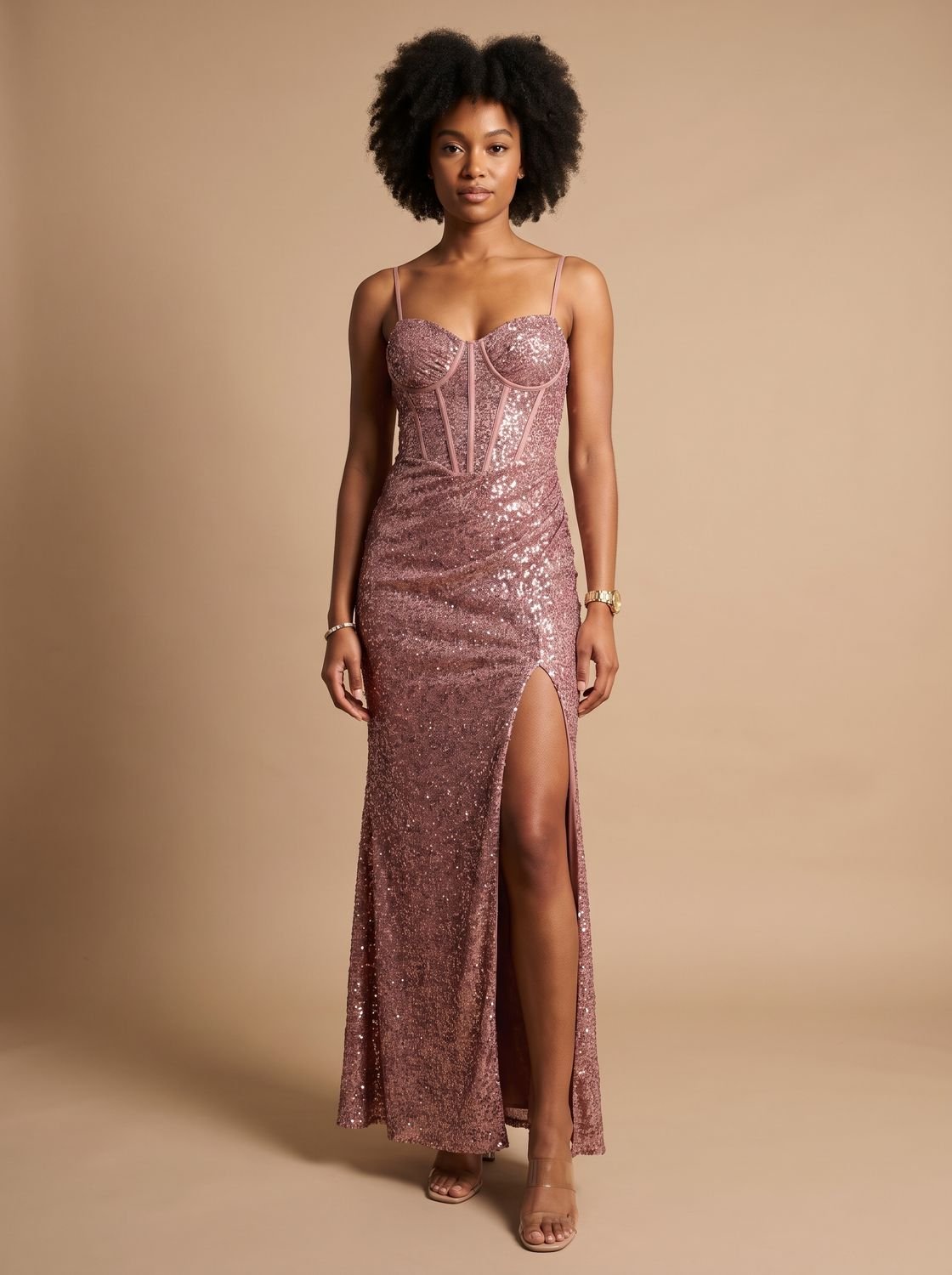 Eleanor | Women's Glitter Sequin Maxi Dress Sweetheart High-Slit Spaghetti Strap