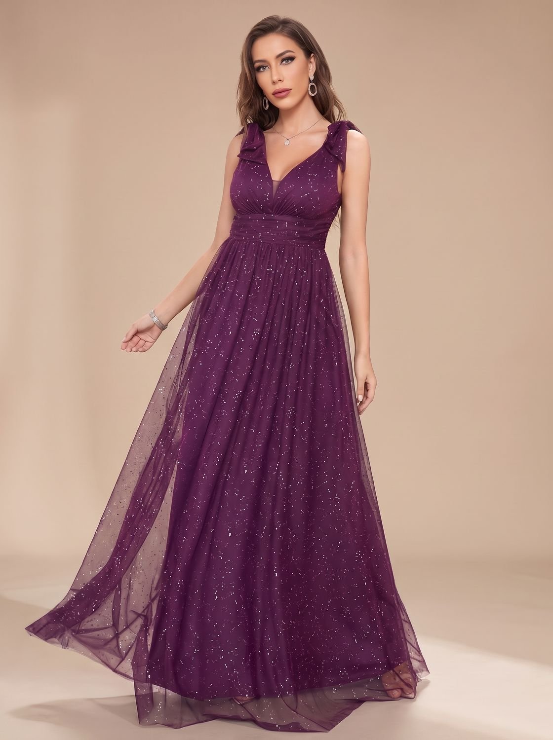 Penelope | Women's Glitter Sequin V-Neck Sleeveless Floor-Length Formal Dress
