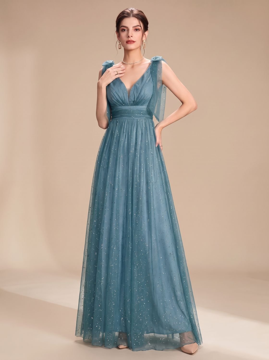 Penelope | Women's Glitter Sequin V-Neck Sleeveless Floor-Length Formal Dress