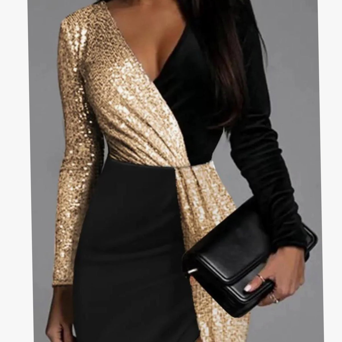 Sophia | Women's Gold Sequin Color-Block Long-Sleeve Christmas Party Dress