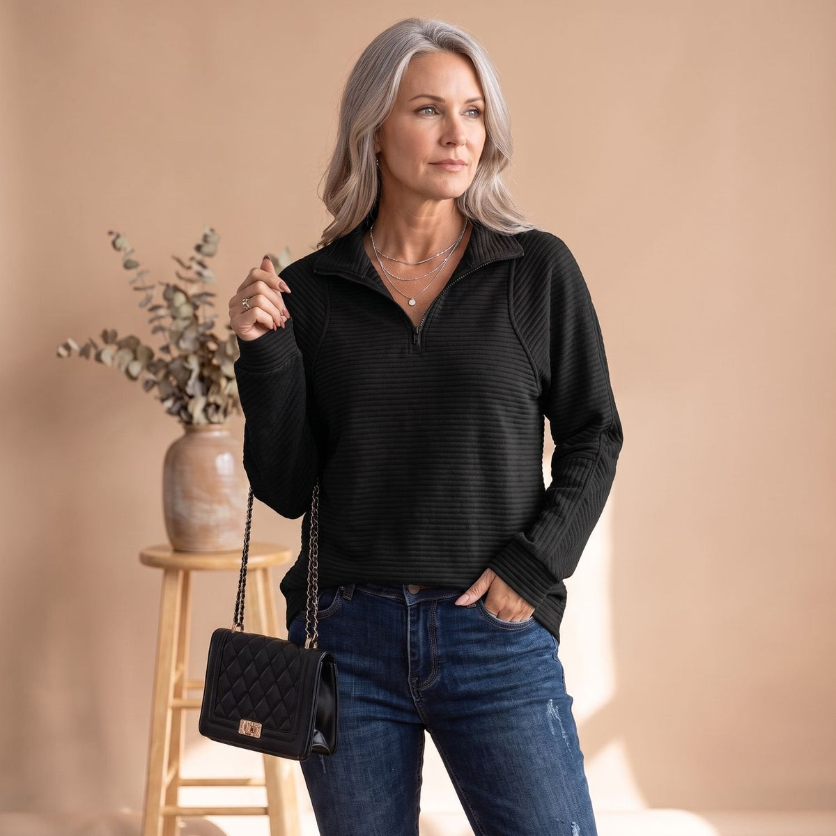 Mia | Women's Half-Zip Pullover Sweater Ribbed Quarter-Zip
