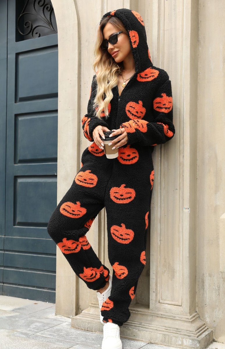 Women's Halloween Pumpkin Print Fleece Zip-Up Jumpsuit