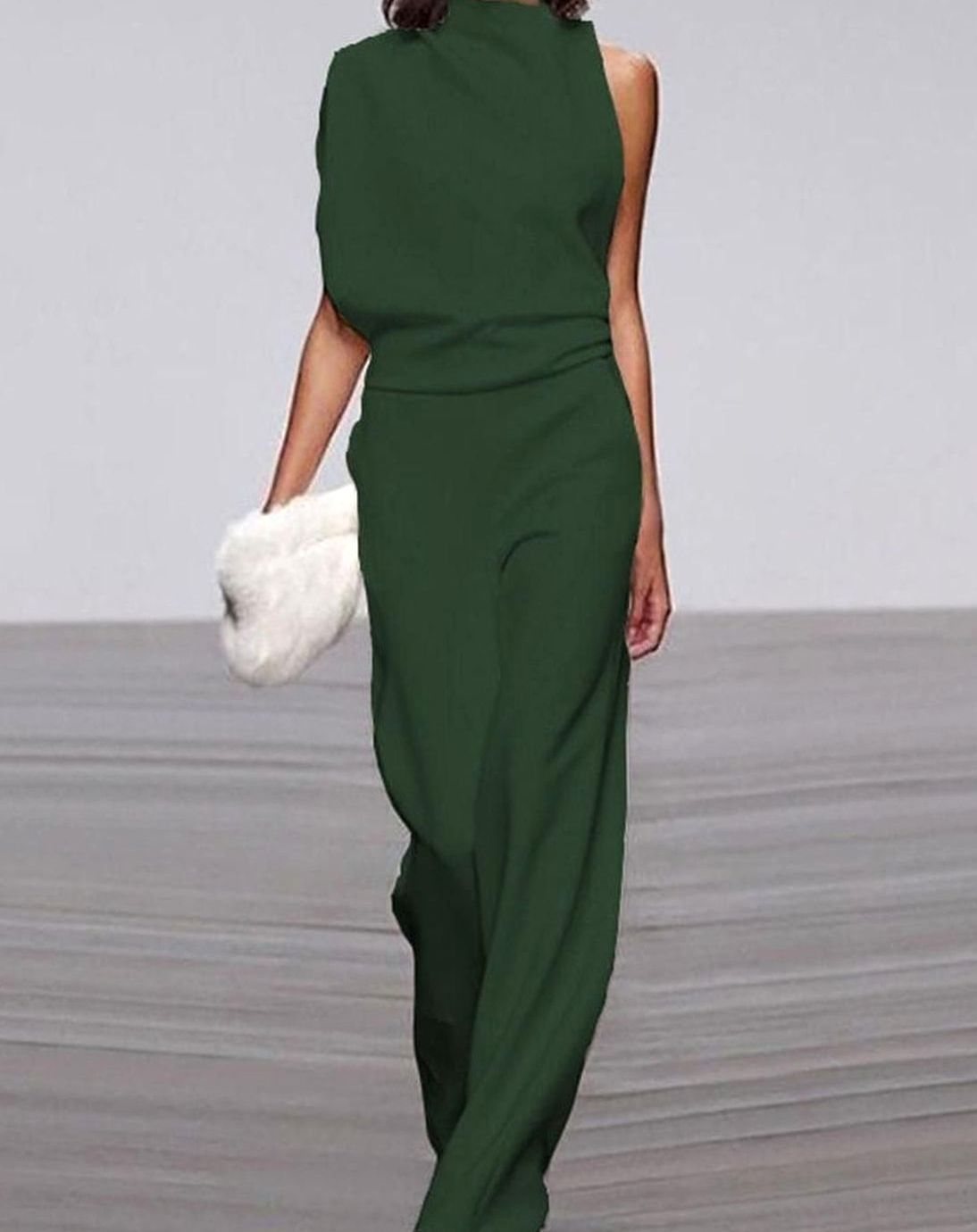 Women's High-Neck Asymmetric Shoulder Jumpsuit Wide-Leg Sleeveless