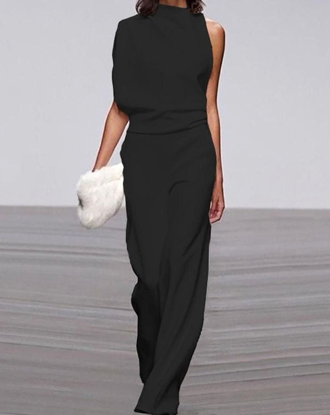 Women's High-Neck Asymmetric Shoulder Jumpsuit Wide-Leg Sleeveless
