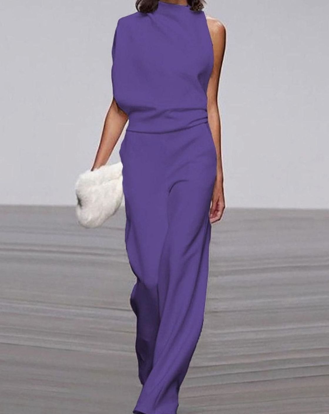 Women's High-Neck Asymmetric Shoulder Jumpsuit Wide-Leg Sleeveless