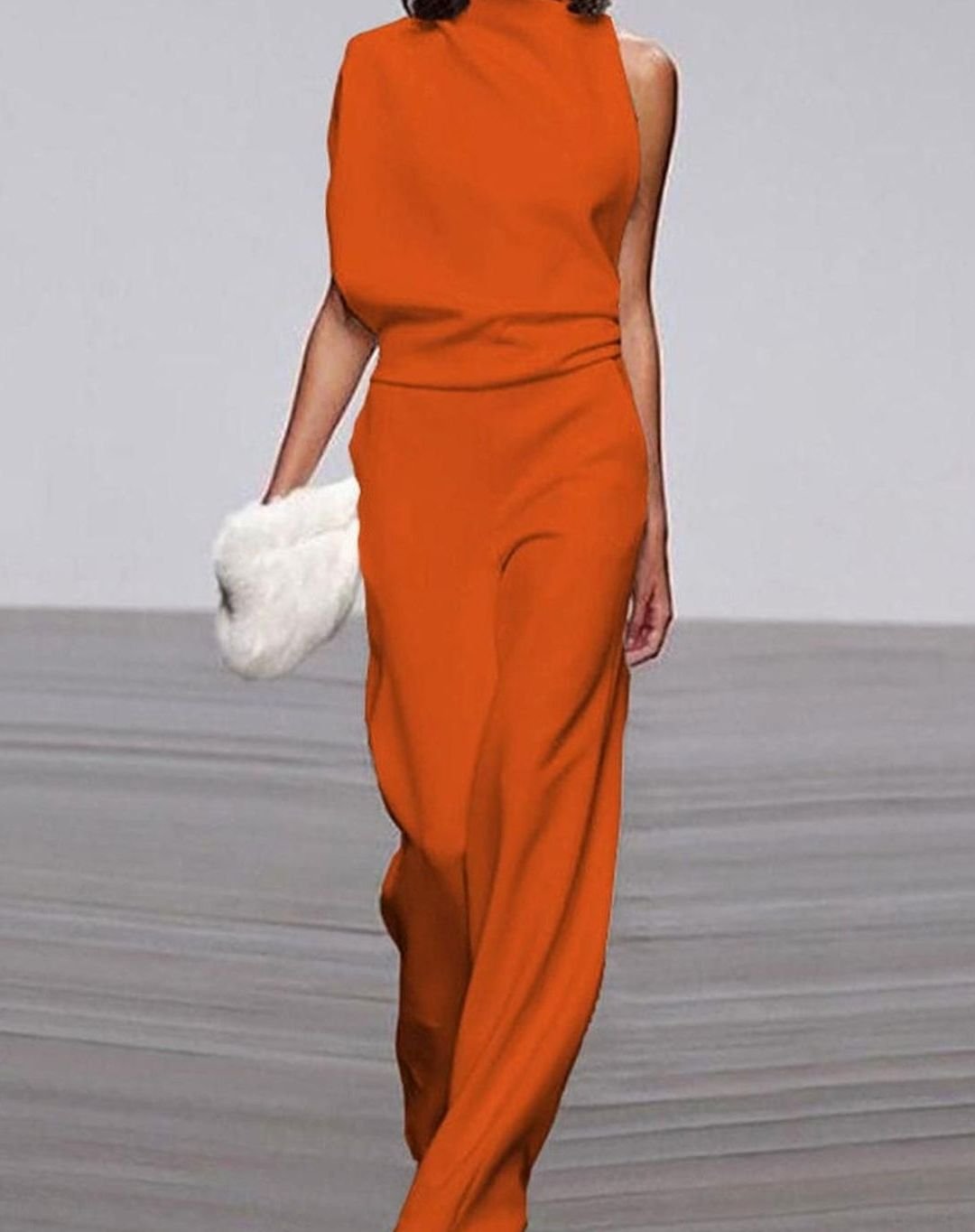 Women's High-Neck Asymmetric Shoulder Jumpsuit Wide-Leg Sleeveless