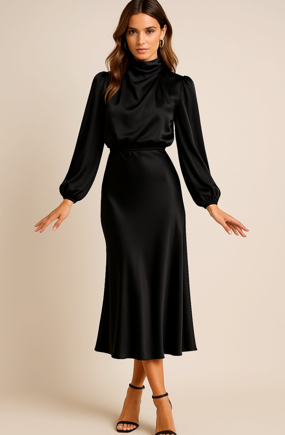 Women's High-Waist Mock-Neck Satin Midi Dress