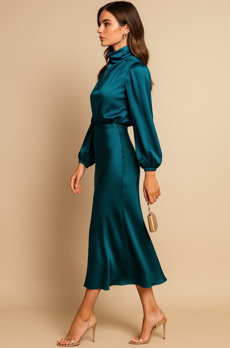 Women's High-Waist Mock-Neck Satin Midi Dress
