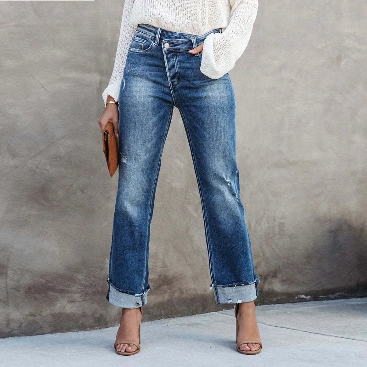 Women's High Waisted Jeans Straight-Leg Distressed Cuffed Denim