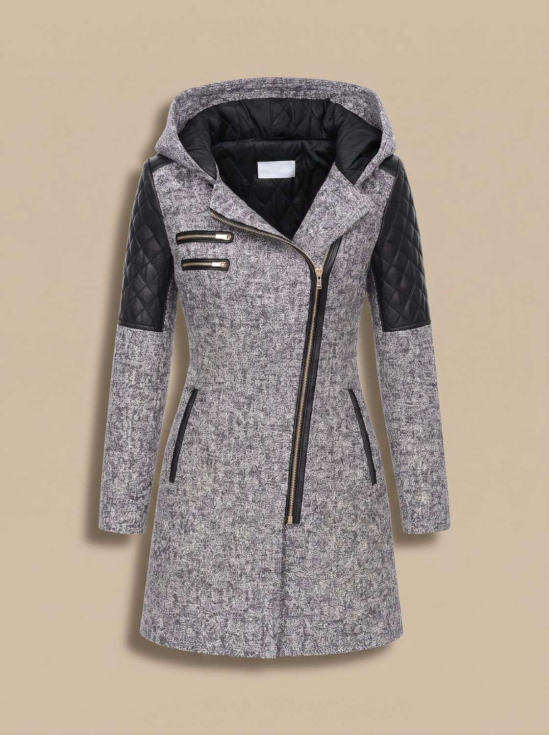 Luna | Women's Hooded Asymmetric-Zip Quilted-Panel Wool-Blend Coat