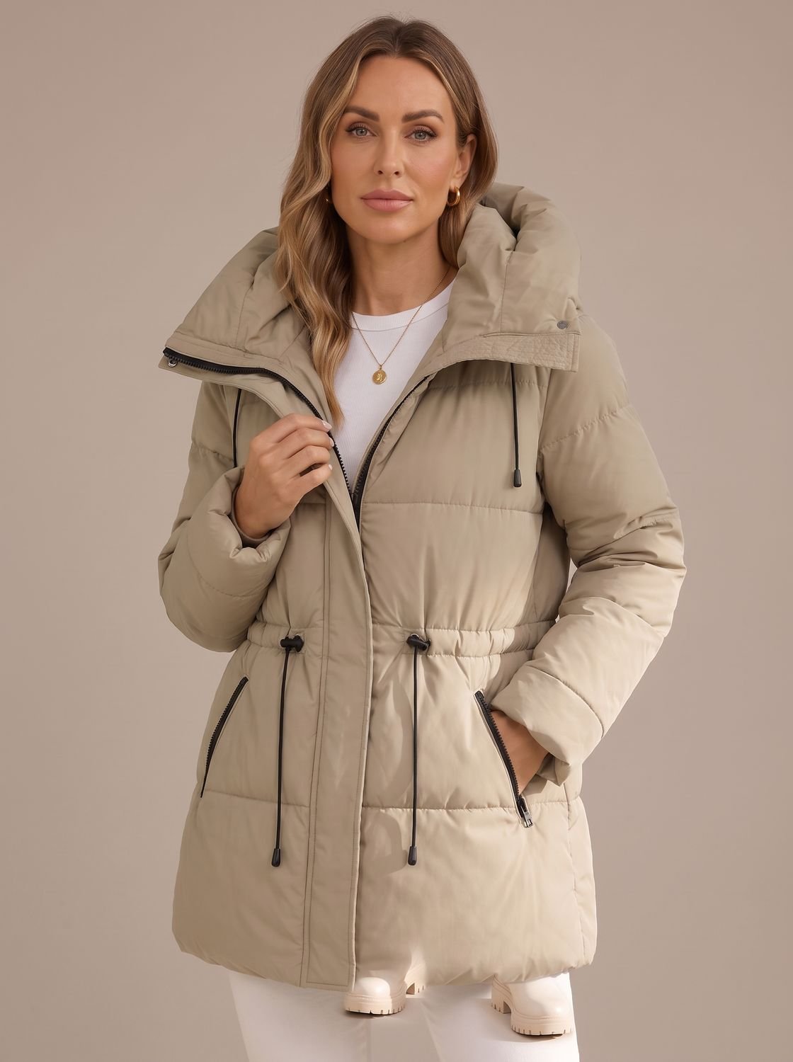 Sophia | Women's Hooded Puffer Jacket Drawstring-Waist Quilted Coat