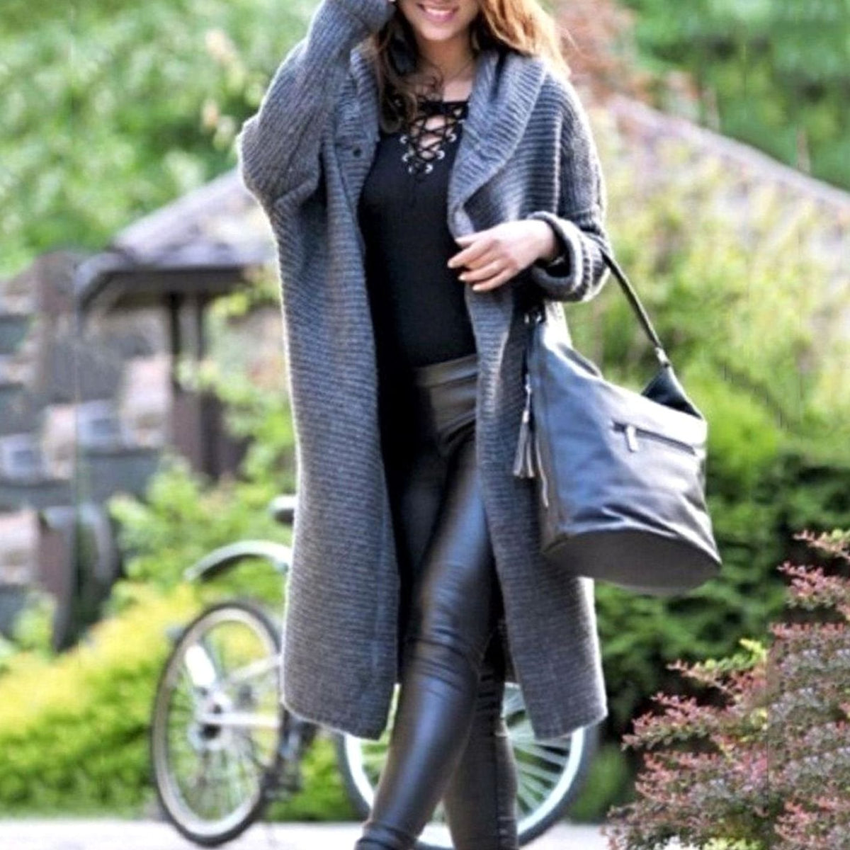 Women's Hooded Ribbed-Knit Open-Front Maxi Cardigan
