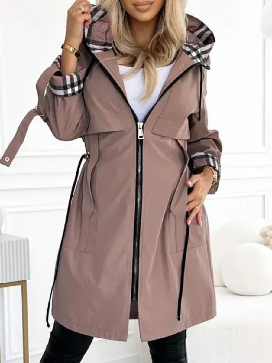 Women's Hooded Waterproof Windproof Zip-Up Midi Trench Coat