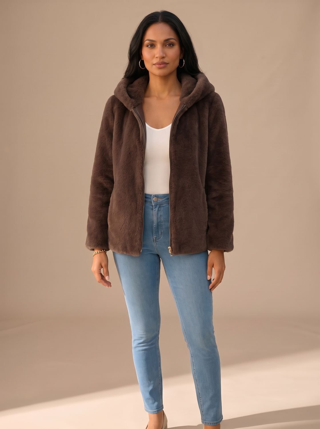 Grace | Women's Hooded Zip-Up Faux Fur Coat Teddy Fleece Jacket