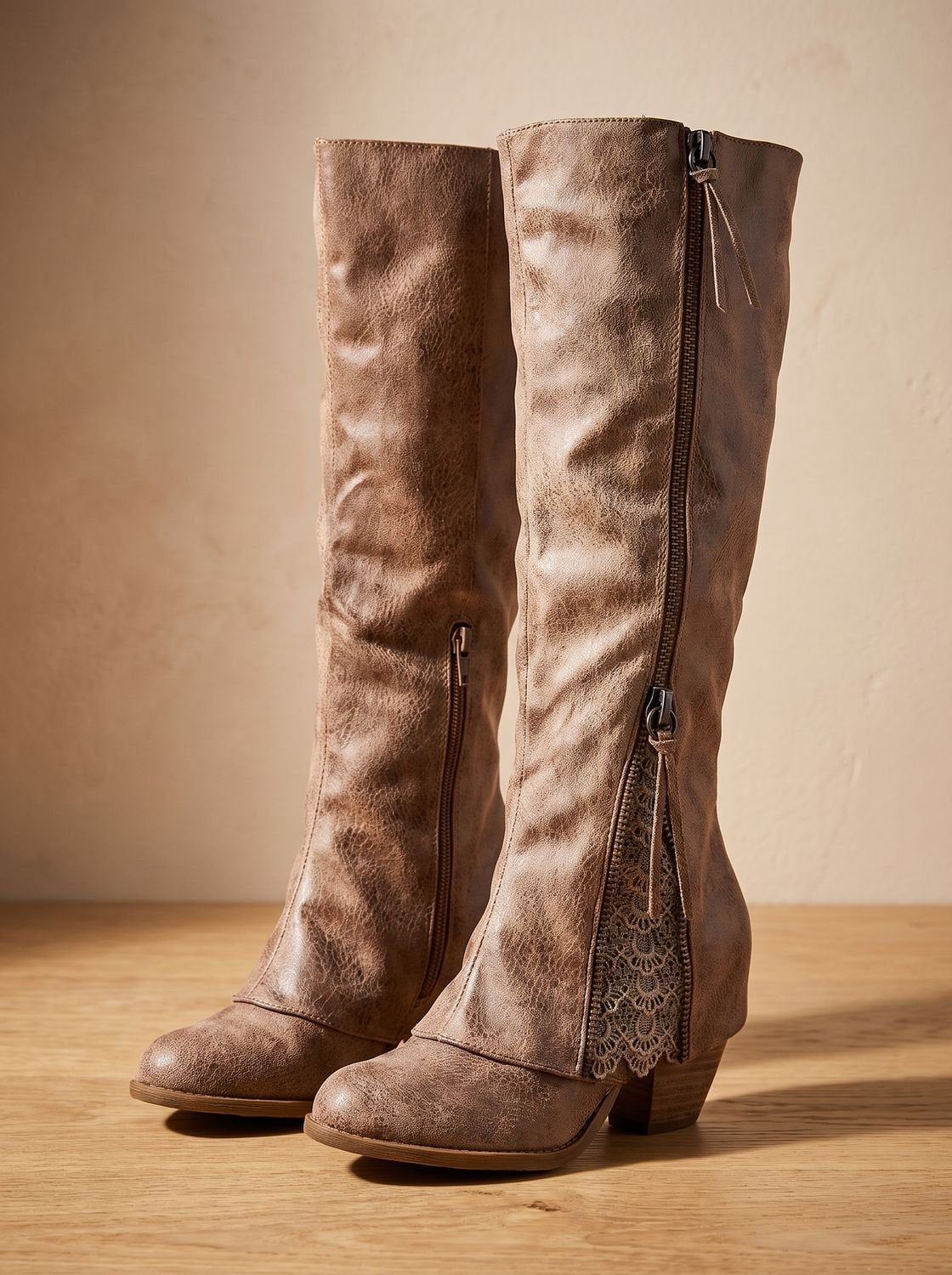 Evelyn | Women's Knee High Boots Block Chunky Heel Side-Zip Lace Detail
