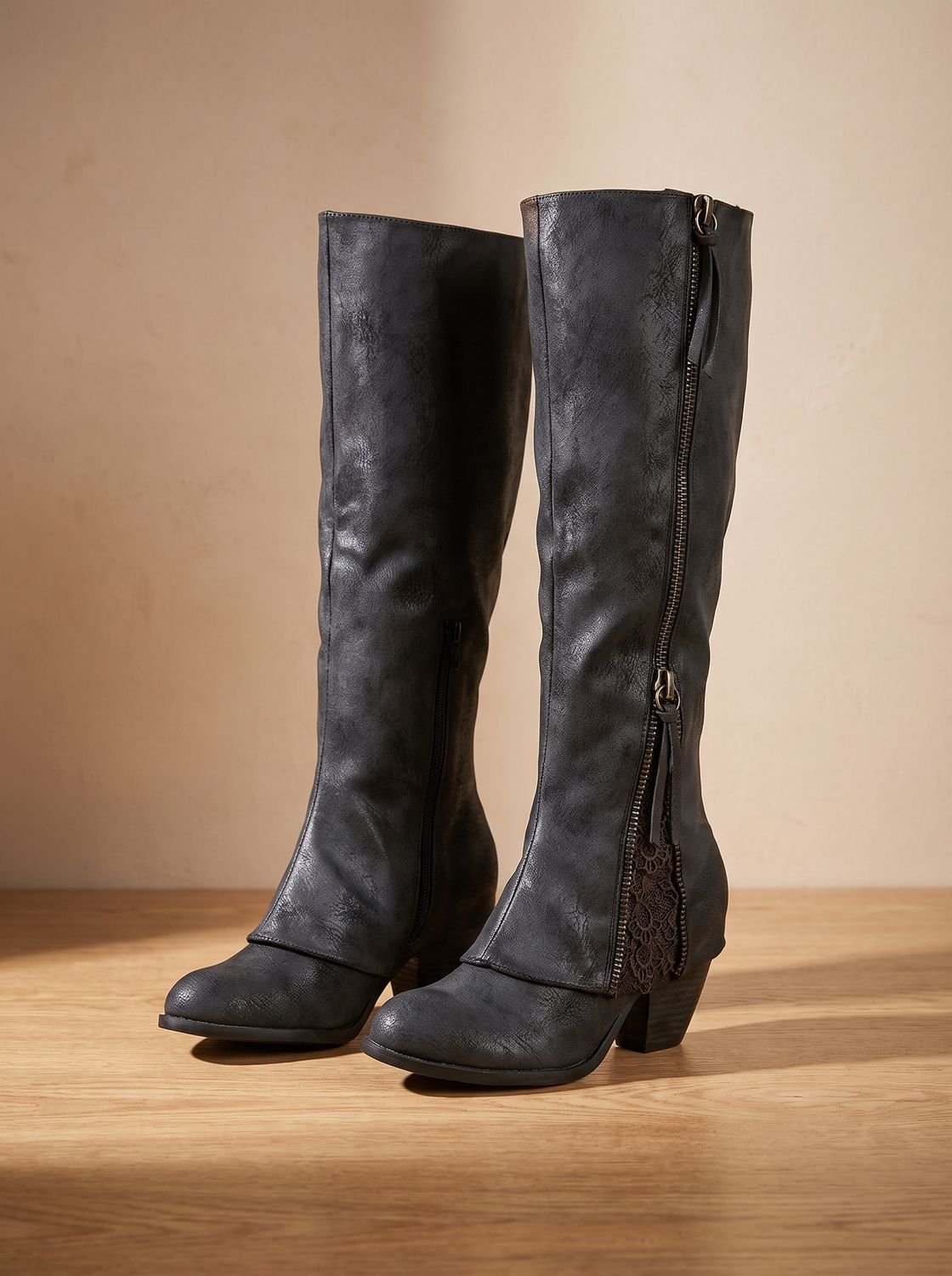 Evelyn | Women's Knee High Boots Block Chunky Heel Side-Zip Lace Detail