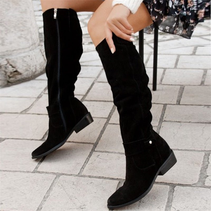 Women's Block Heel Knee High Boots with a Gathered Shaft | Pull On Entry, Almond Toe | Sizes 3-12, 3 Colors
